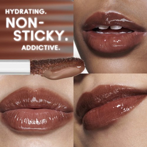 Tekst met lippenstift en lippen die niet plakkerig, hydraterend en verslavend zijn.