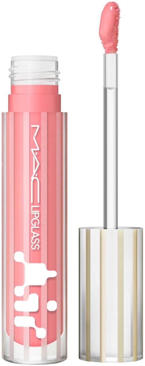 Ein pinkes Lipgloss-Röhrchen mit Applikator und einem weißen und goldenen Deckel.