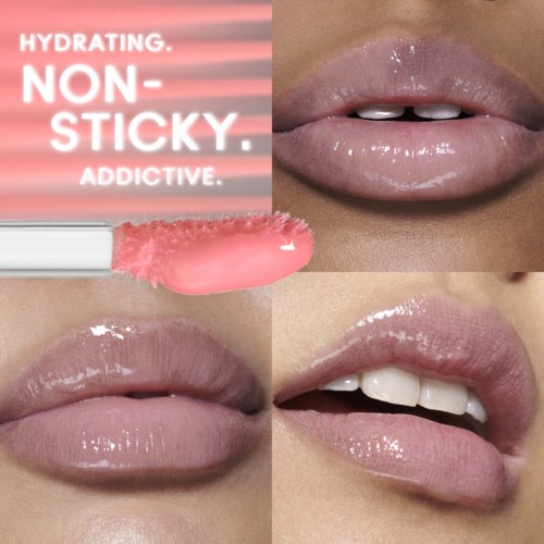 Lippen-Glanz, Nahaufnahme von Lippen mit glänzender, natürlicher Optik. Hintergrund mit pinkem und weißem Text.