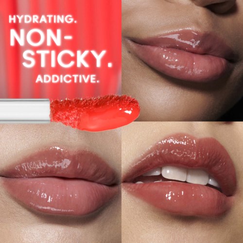 Lipgloss op lippen, achtergrond met promotietekst over hydraterende, niet-plakkerige, verslavende gloss.