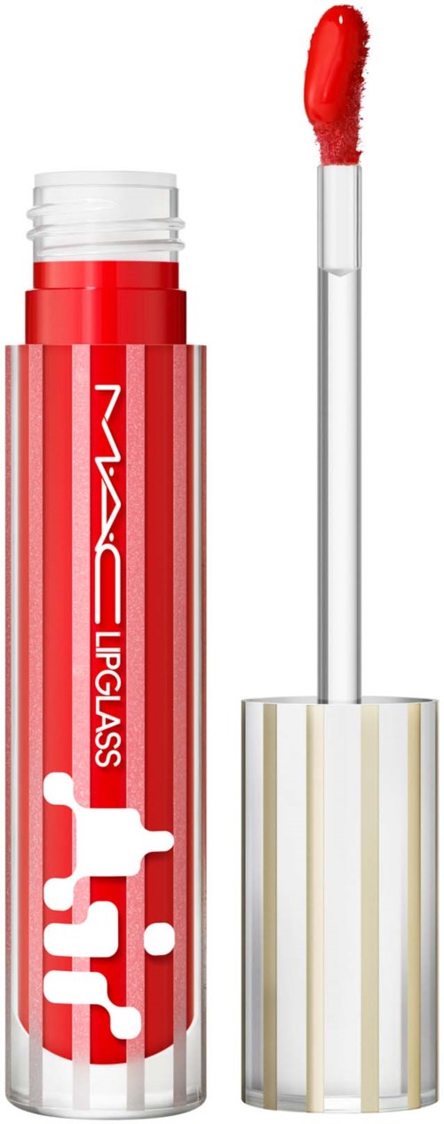 Rood vloeiend lippenstift in een tube met smeerapplicator en een witte en gouden gestreepte dop.