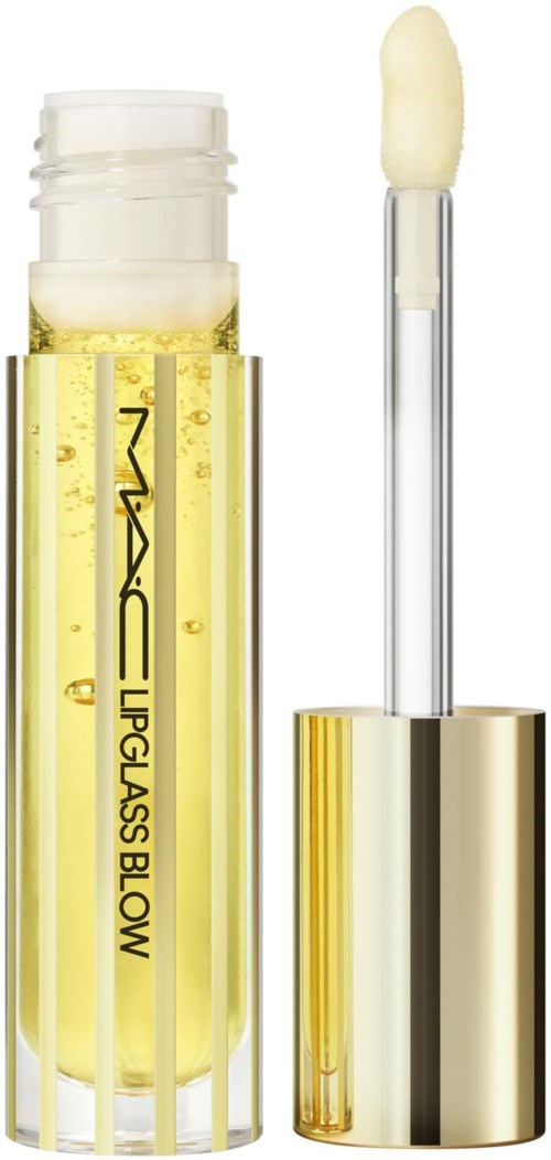 Lippen gloss in doorzichtige container met zwarte tekst, gele vloeistof en applicator met witte spons.