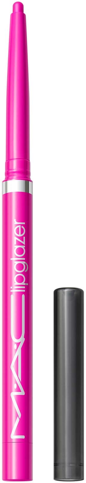 Een roze lipgloss met een doorzichtige dop, gemerkt 'lipglazer' van MAC cosmetics.