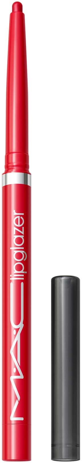 Een rode lipliner met dop, met merknaam MAC en het woord lipliner.