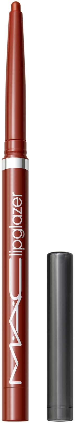 Een bruine lipliner met een zwarte kap, gemerkt MAC, heeft een puntig uiteinde voor het vormen van lippen.