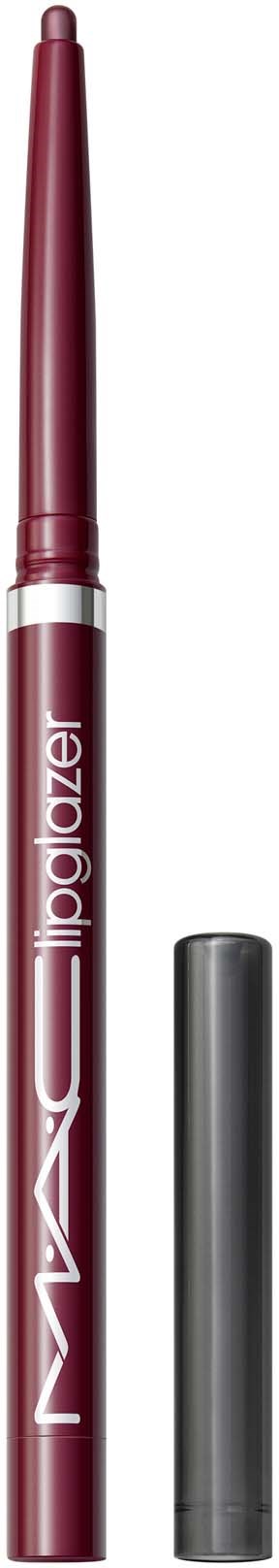 Een MAC lipglosspen in donkerrood met zwarte dop. Het product staat rechtop zonder dop.