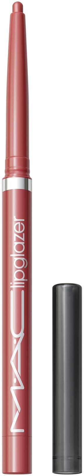 Een roze lipliner met puntkapsel, gemarkeerd 'MAC Lipliner,' staat verticaal op een zwarte achtergrond.