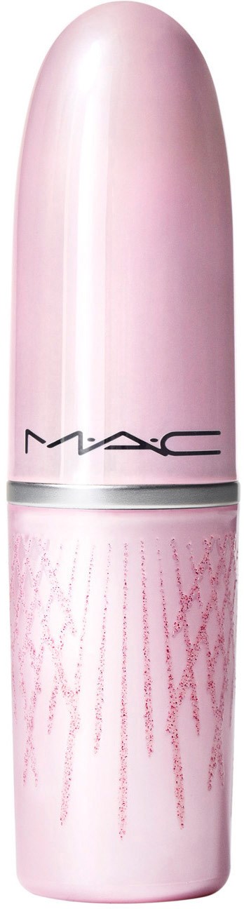 En rosa läppstiftsrör med MAC-logga och ett dekorativt mönster på den nedre delen.