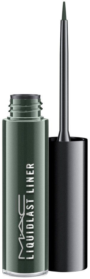 Zielony płynny eyeliner z pędzelkiem i czarną zakrętką.