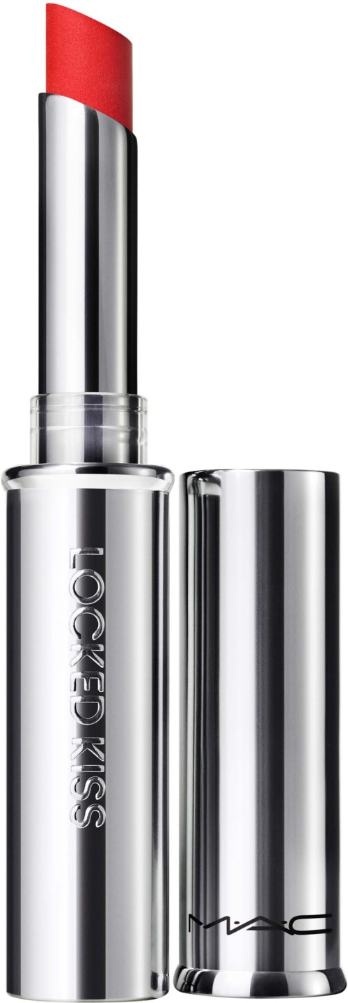Een rode lipstick in een glanzende zilveren huls, zonder dop, om de lipstick te tonen.