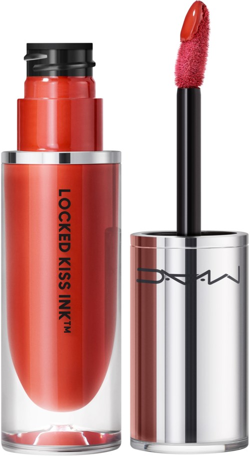 Ein Lippenstift in Rot-Orange-Ton, bezeichnet "LOCKED KISS INKT" mit glänzendem Metallverschluss und Basis.
