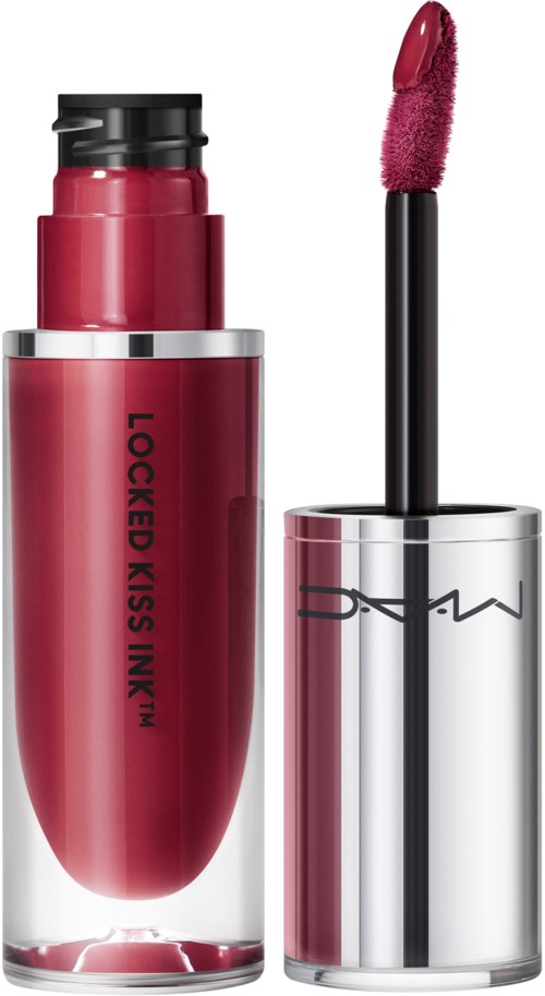 Ein roter Lippenstift mit schwarzen und silbernen Details und ein Applikator mit pinkfarbenem Lippenstift.