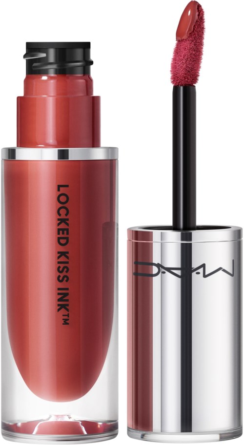 Lippengloss mit schwarzem Deckel, rosa Farbton und einem schwarzen Applikator. Das Etikett lautet "Locked Kiss Ink".