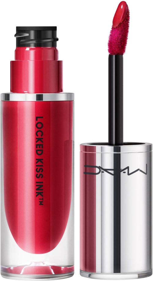 Ein roter Lippenstift mit der Aufschrift 'LOCKED KISS INK' und einem pinken Glossapplikator.