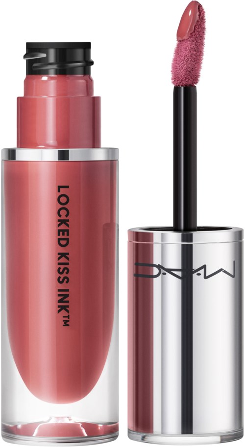 Lip gloss container with a pink shade and a black wand applicator. The container has the words "LOCKED KISS INK" on it.