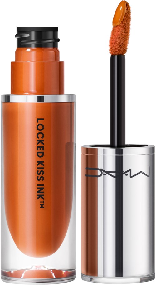 Läppglansrör med orange nyans och svart applikatorspett, märkt "LOCKED KISS INKT™".