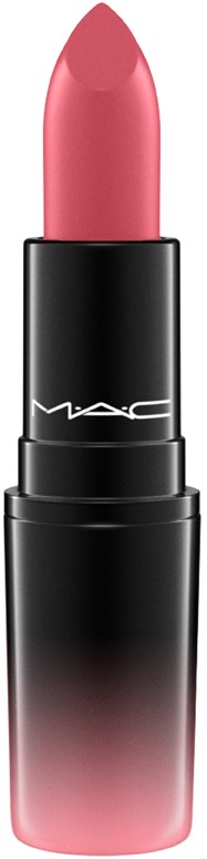 Een roze lippenstift in een zwart en roze collet, met MAC-logo.