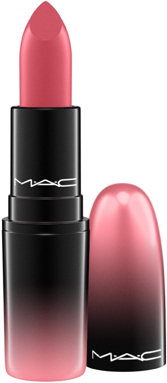 Een roze lipstick in een zwart tube met bijpassend deksel. De tube heeft het MAC-logo.