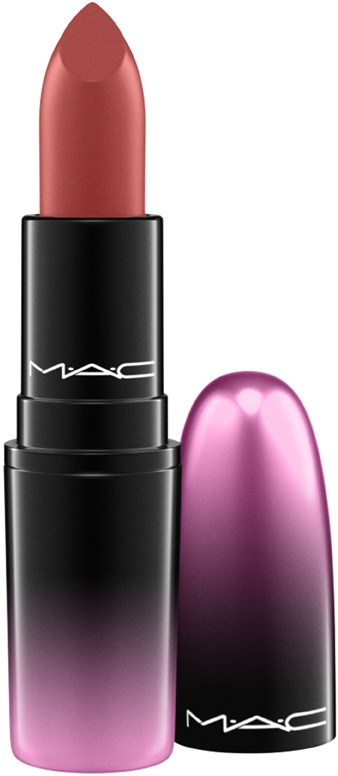 Ein Lippenstift mit rosa-braun Farbton in einer schwarzen und pinken Verpackung. Der Deckel ist abgenommen und daneben.