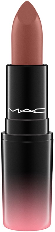 Een MAC-lippenstift in lichtroze in een zwart en roze tube.