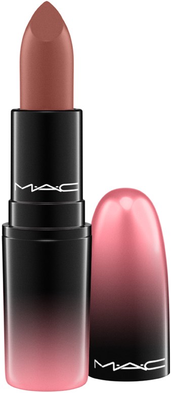 Een roze lippenstift met een zwart- en roze-gradient huls. De lippenstift is gedeeltelijk open en klaar voor gebruik.