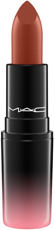 Een lippenstift in een zwart en roze container met bruinige lipstick. MAC-logo op het zwarte deel.