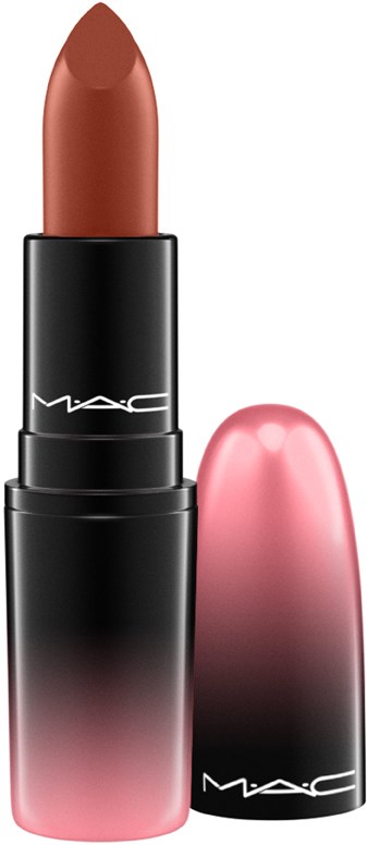 Een MAC-lippenstift in een zwart en roze geval met de dop ernaast. De lipstick is bruin en klaar voor gebruik.