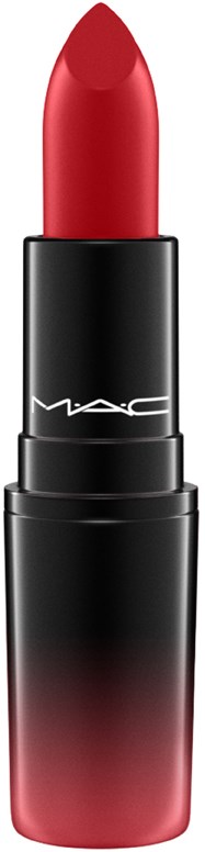Een rode lipstick in een zwart en rood geval. Het merk MAC staat op de case.