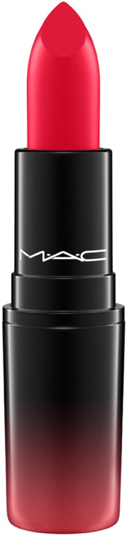 Een zwarte en rode lippenstift met MAC-logo, met felrode lippenstift erin.