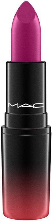 Een roze lippenstift in een zwart en rood doosje met MAC-logo. Het staat rechtop.