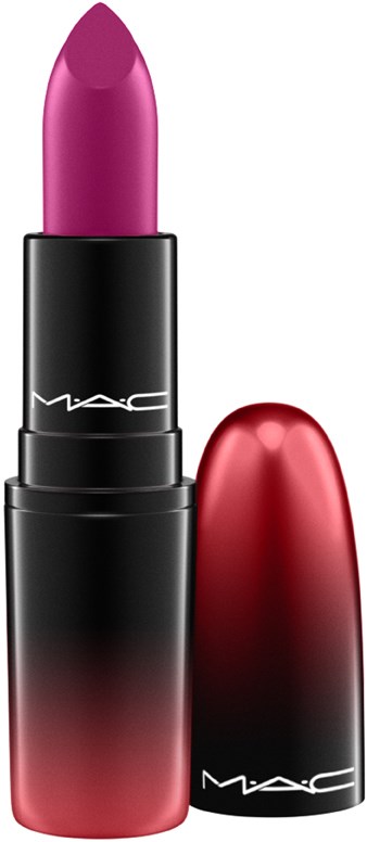 Lippenstift met roze kleur en zwart en rood verpakt, logo zichtbaar op beide containers.