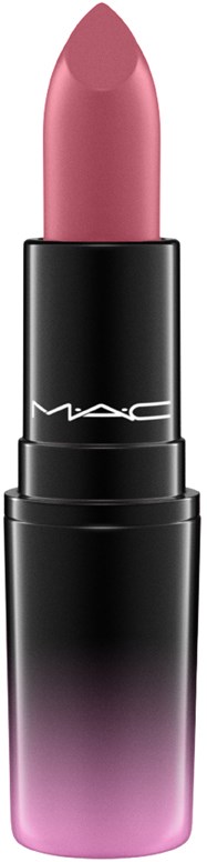 Een roze lippenstift in een zwart en roze tube, MAC zichtbaar op de verpakking.