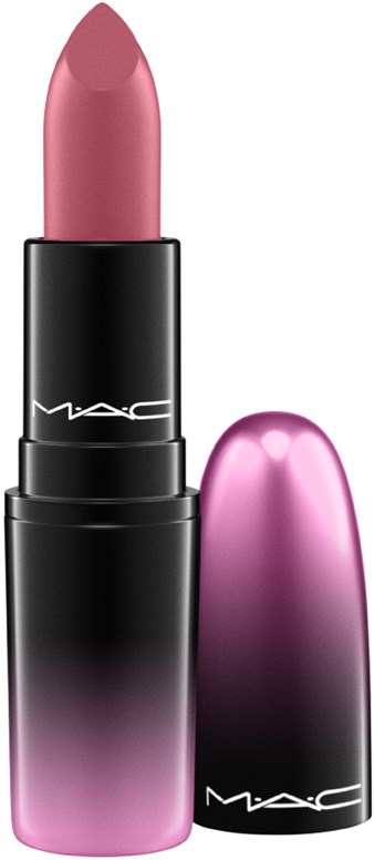 Een roze lippenstift in een zwart tube met een paarse en zwarte verloopdop.