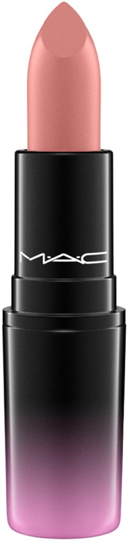 En leppestift i en svart og rosa beholder med myk rosa farge. MAC-logoen er på den svarte delen.