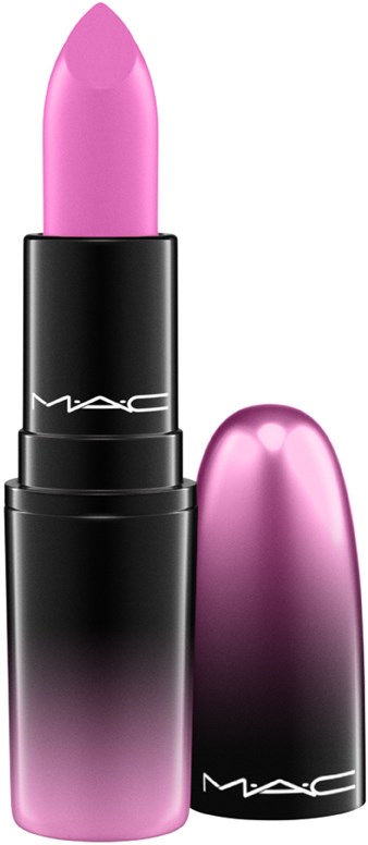 Een roze lippenstift in een zwart en roze tube, zonder dop, met de lippenstift erin zichtbaar.