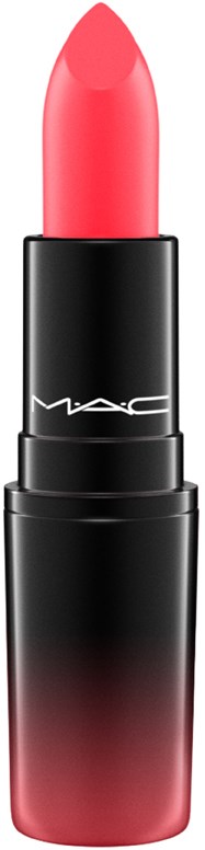 Een roze lippendstift in een zwart en rood hulsel. Het label zegt MAC. Eenvoudig en elegant ontwerp.