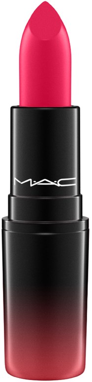 Een roze lippenstift in een zwart en rood hulsje met MAC-logo zichtbaar.