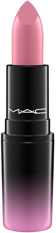 Een roze lipstick in een zwart- en paarskleurige huls met MAC-logo. De lipstick is nieuw en klaar voor gebruik.