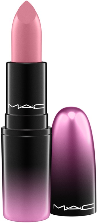 Een MAC-lippenstift in roze met een zwart en roze-gradient doosje.