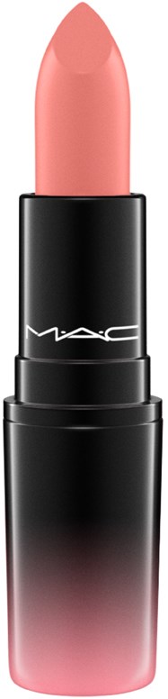 En rosa läppstift i ett svart och rosa fodral med MAC-loggan. Det står upp med korken av.