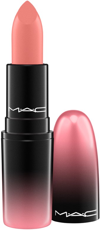 En rosa läppstift med rör och lock i svart och rosa gradient, märkt MAC.