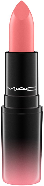 Een roze lippenstift met een zwart en roze verloopbasis, en het MAC-logo erop.