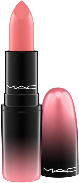 Een roze lippenstift in een zwarte buis met een roze deksel ernaast.