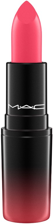 Een roze lippenstift in een zwart en rood geval met MAC-logo.
