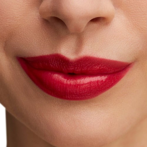 Close-up of lips with bright red lipstick and smooth skin. No other features visible.