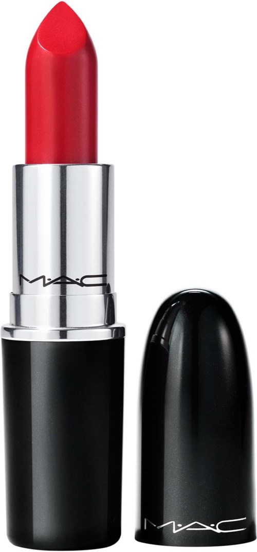 A red lipstick inside a black and silver tube with the cap off.