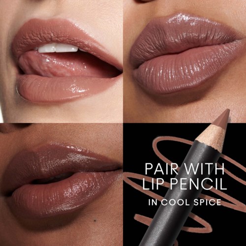 Nahaufnahme von Lippen mit verschiedenen Farbtönen und Texturen, mit einem Lippenstift und Produkt namens 'Cool Spice'.