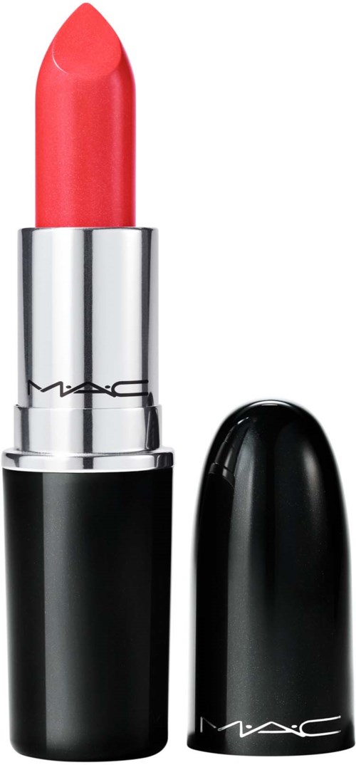 A coral pink lipstick with black and silver packaging, with the cap removed showing the lipstick.
