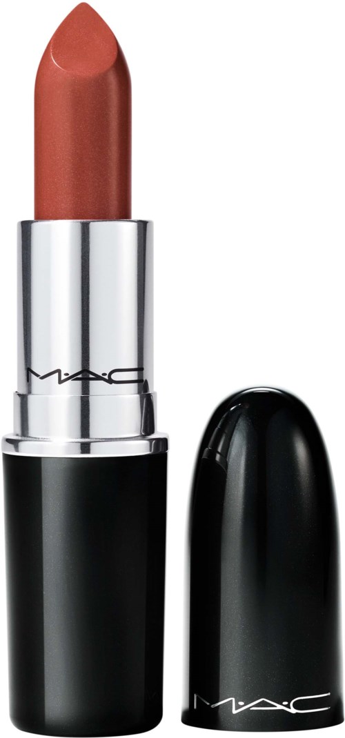 A peach-colored lipstick in a black and silver tube, with the cap removed, showing the lipstick.