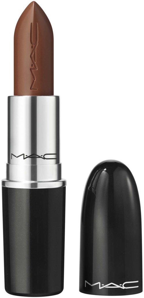A brown lipstick with a silver and black tube, and the cap next to it with MAC logo. No other objects.